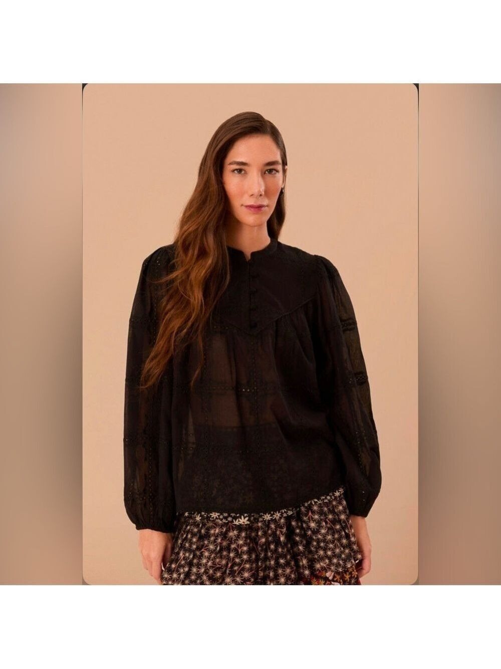 Farm Rio Black Scallops Long Sleeve Blouse